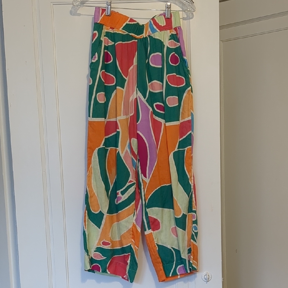 Linen Beach Christian Siriano Cropped Colorful Abstract Patterned Pants Pockets